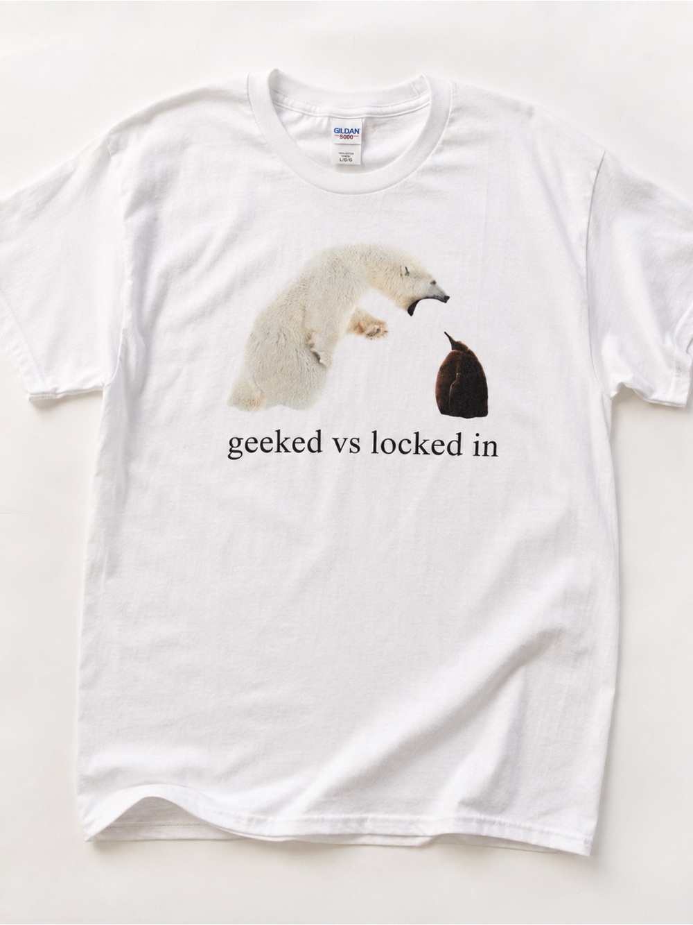 Gildan 5000 White Graphic Crewneck Tee with Blue Tag, Streetwear Size L